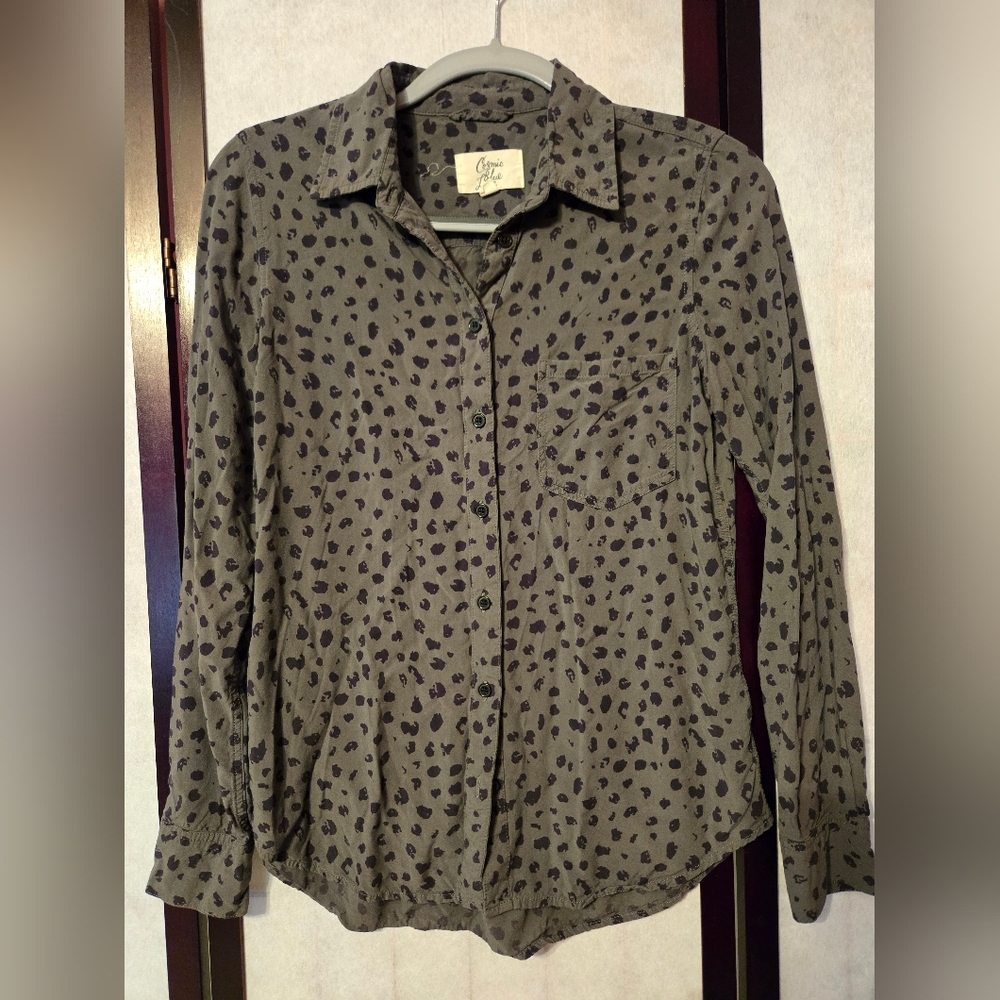Cosmic Blue Love Olive Green Leopard Print Button-Up Shirt